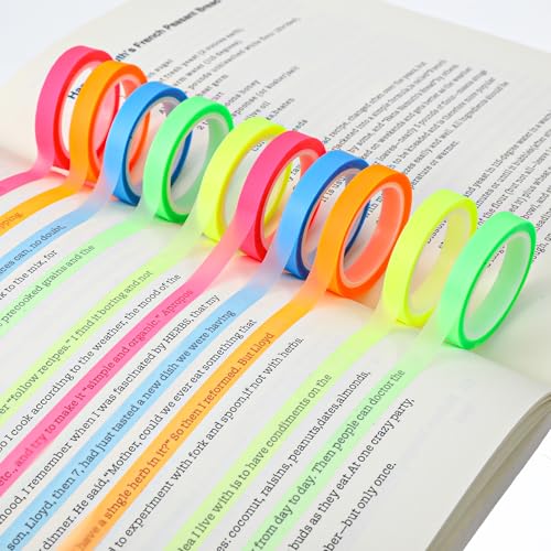 Guduling 10 Rollen Highlight Strips,Abnehmbar Textmarker Band,3.5 X 0.6 X 0.6 CM Farbiges Fluoreszierende Haftnotizen,Long Highlight Strips für Studenten, Lehrer, Lesen, Zuhause, Büro