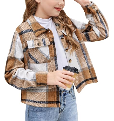 Arshiner Mädchen Blusen Flanell Kariert Kinder Herbst Winter Langarmshirt Komfort Mode Revers Button-Down Kurzjacke für Mädchen 10-11 Jahre