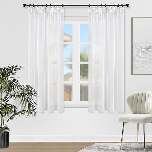 Topfinel Gardinen Weiß mit Kräuselband Vorhang Kurz Transparent Vorhänge Leinenoptik Sheer Curtains Weiss Gardine Schals 145x140 cm 2 Set für Schiene Deko Balkontür Schlafzimmer