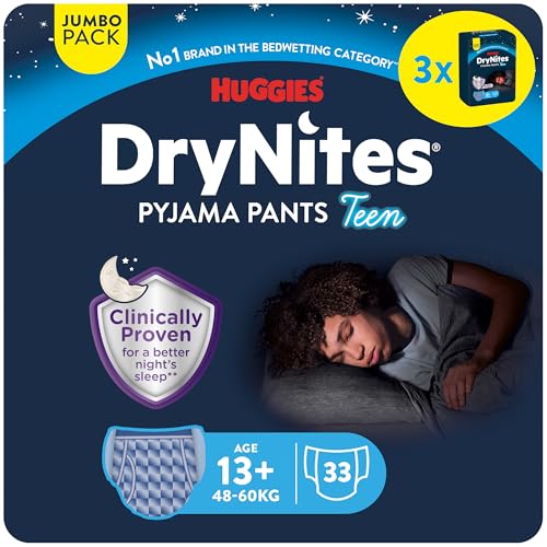 Huggies DryNites Nachtwindeln bei Bettnässen, für Jungen ab 13 bis ca. 17 Jahre (48-60 KG), 33 Stück (3x11), Jumbo-Monatspack, Windel-Pants XL