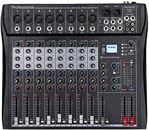 Depusheng DT8 Professional Mixer Sound Board Console 8 Channel Desk System Interface Digital USB Computer MP3 Input 48V Phantom Power Stereo DJ Studio FX Steel Chassis,Black
