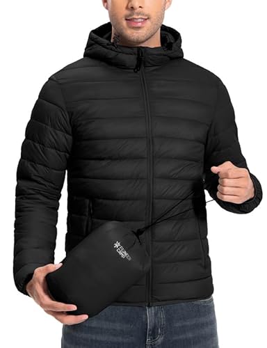 Pioneer Camp Winterjacke Herren Verpackbar Outdoor Daunenjacken Hooded Jacket Herbst Wasserdicht Puffer Jacke Mit 6 Taschen for Running Travel(Black;L