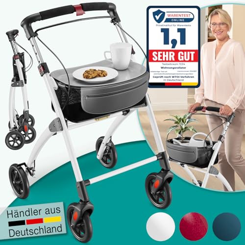 ELONEO Wohnungsrollator 54cm breit, faltbar und leicht, inkl. Tablett & Stoffkorb, Rollator schmal für die Wohnung, Indoor-Rollator, klappbar, Aluminium,Mobilität für Zuhause weiß