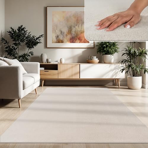 Paco Home Moderner Kuscheliger Wohnzimmer Teppich Kurzflor waschbar flauschig Weich Einfarbig Felloptik zeitlos stilvoll rutschfest pflegeleicht, Größe 120 x 160 cm, Farbe: Creme 4