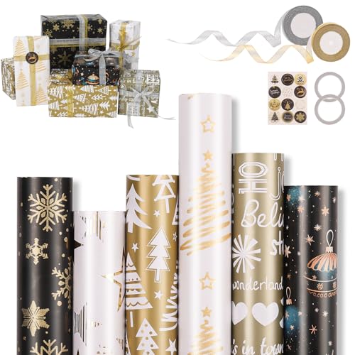6 Rollen Geschenkpapier Weihnachten, Ambesty 43 x 300cm Schwarz Gold Geschenkpapierrolle, Weihnachtsgeschenkpapierrolle mit Aufklebern und Schleifenband, Weihnachtspapier Set für Geschenkverpackung