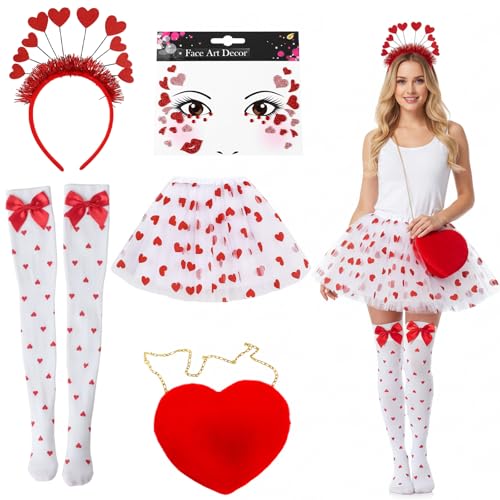 Qnvyw 5 Stück Amor Kostüm Damen, Cupid Costume - Karneval Kostüm mit Herz Tüllrock, Over-Knee Strümpfen, Herz Rucksack & Accessoires für Fasching, Kiss Kostüm & Themenpartys
