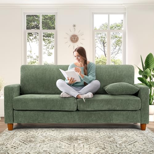 Kidirect Cord Sofa 3 Sitzer, 178CM Bequemes Couch 53CM Extra Tiefe Sitze, Sofa Wohnzimmer Werkzeugfreie Montage, Big Sofa Couch mit 2 Kissen, Modernes Couch fürs Büro, Schlafzimmer Sofas Waldgrün