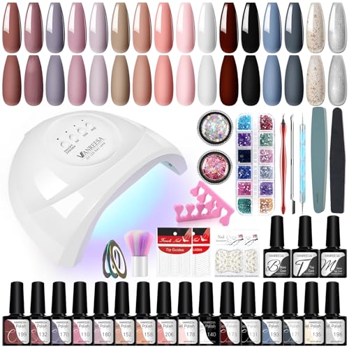 U V Nagellack Set, VANREESA 16 Farben Gel Nägel Set mit 48W U V/ LED Nagellampe Rosa Weiß Blau U V Nagellack Gelnägel Starterset mit Unterlack und Überlack Glänzenden Matten Maniküre Starter Set