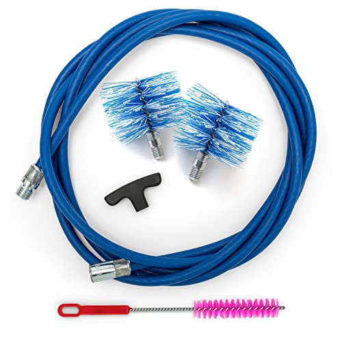 BARETTO Pelletofen Reinigungsset, Set zur Rohrreinigung von Pelletöfen mit 3 Meter flexibler Verlängerung bis 90°-Biegung, mit 2 Standard Nylonbürsten 80 mm und 100 mm (3 M)