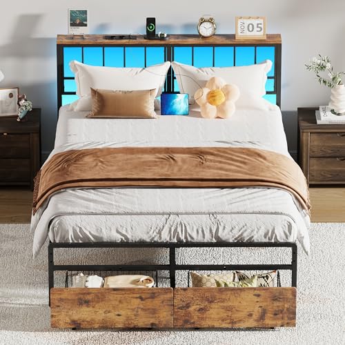 IRONCK Bett 140x200 mit LED Beleuchtung, Bettgestell 140x200 mit 2 Schubladen, Metallbett mit 2 AC-Steckdosen 1 USB 1 Typ-C-Anschluss, Jugendbett, Doppelbett mit Lattenrost aus Metall