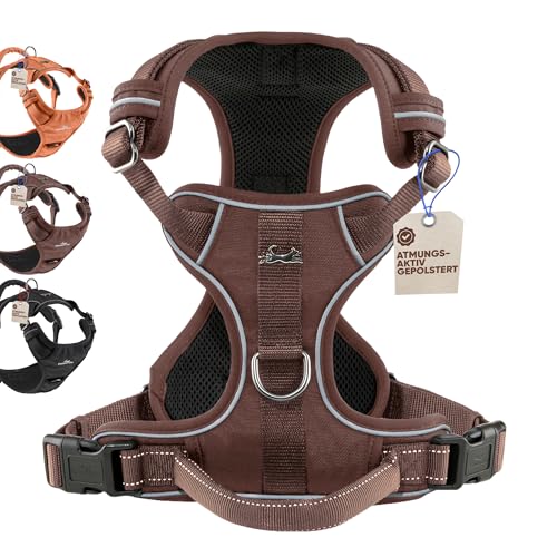 FREUDENTIER Hundegeschirr mit Griff, atmungsaktiv gepolstert - Bombenfester Sitz & maximale Sicherheit - Anti Zug Hundegeschirr kleine, mittelgroße & Grosse Hunde - Hunde Geschirr (Braun,L)