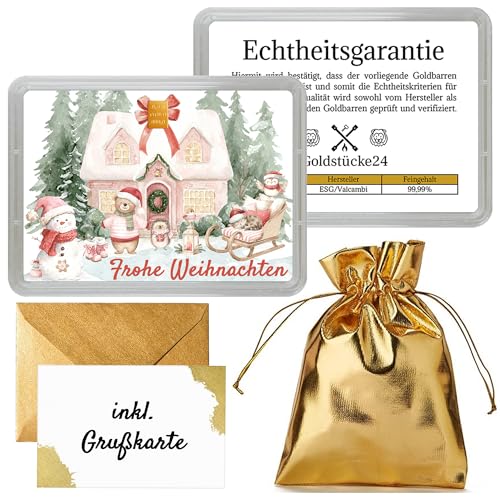 Motivbox zu Weihnachten mit 0,5g Goldbarren – „Frohe Weihnachten“ – winterliches Design mit niedlichen Tieren – Echtheitsgarantie von Goldstücke24 – Geschenkidee mit Grußkarte & goldmetallic Beutel