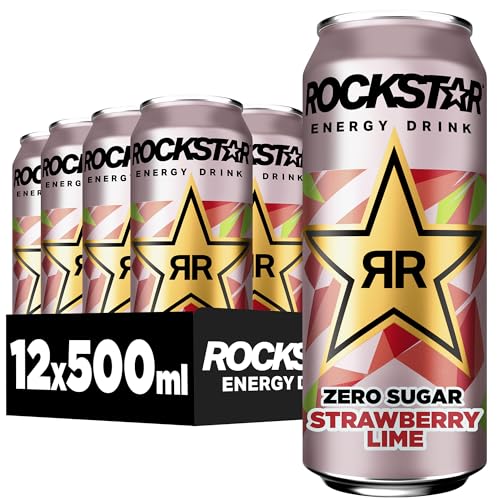 Rockstar Energy Drink Strawberry Lime Geschmack - Zero Sugar -Koffeinhaltiges Erfrischungsgetränk ohne Zucker für den Energie Kick, EINWEG (12 x 500ml) (Verpackungsdesign kann abweichen)