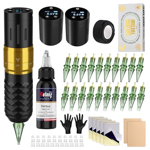 Solong Tattoo Maschine Set 2 Batterien 7 Strokes, Rotary Wireless Tattoo Pen Gun mit LCD Digital, 20pcs Cartridge Nadeln, 30ML Tinten Schwarz für Anfänger und Künstler SL-TK0002EU-9