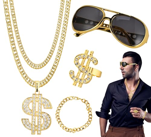 GOLDGE 4St Zuhälter Kostüm Goldene Dollar Kette Set, 70er 80er 90er Jahre Accessoires mit Goldkette Herren Armbänder Ring Brillen, Hip Hop Kostüm Rapper Accessoires für Mottoparty Fasching Karneval