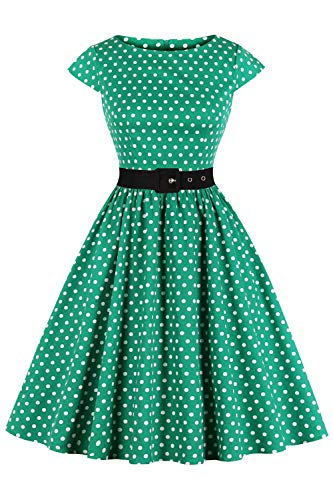 AXOE Damen Rockabilly Kleider 50er Jahre Baumwolle Gürtel Grün Hintergrund Weiß Polka Dots, Gr.40, L