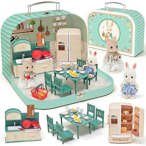 Koffer Dollhouse Tragbares Puppenhaus Möbel Zubehör DIY Miniatur Haus mit 2 Flexible Puppen, Klavier, Schlafzimmer Möbel Rollenspiel Geschenk Spielzeug für Kinder Mädchen Jungen ab 3+ (Küche)