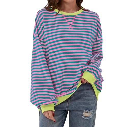 Damen Sweatshirt, Pullover Damen Streifen Oversize Pullover Langarm Herbst Rundhals Sweatshirt Y2K Oberteile (DE/NL/SE/PL, Alphanumerisch, S, Regular, Regular, Rose)