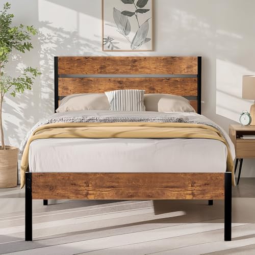 VECELO Bettgestell 90 x 200 cm, Metallbett mit Dick Holzkopfteil und Lattenrost, Doppelbett mit Stauraum unter dem Bett, perfekt für Schlafzimmer,Braun