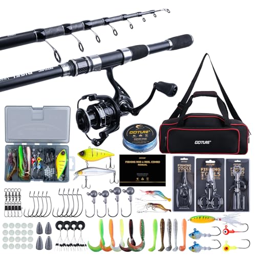 Goture Angelset mit Teleskop-Angelruten (24T Carbon), 2,4m Angelrute Set Komplett 5.2:1 Spinnrolle (9+1 Bearing), 150m/14kg Schnur, Köderbox & Tragetasche – für Salz-/Süßwasser, Reisen–Angelgeschenk