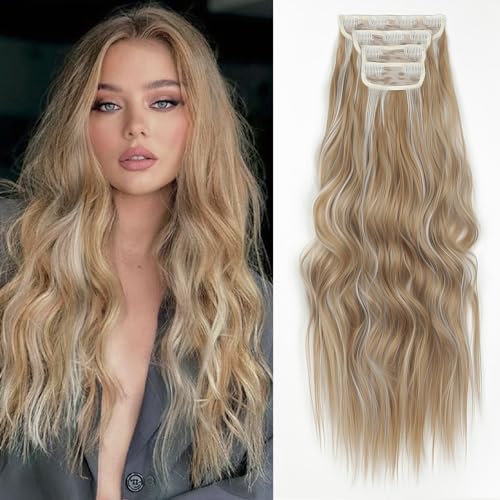 ShowJarlly Clip in Extensions, 4PCS 60 cm Voller Kopf Haarverlängerungen mit Clips Synthetik Gewellte Haarextension Wavy Haar Extensions Clip in Haarteil für Frauen
