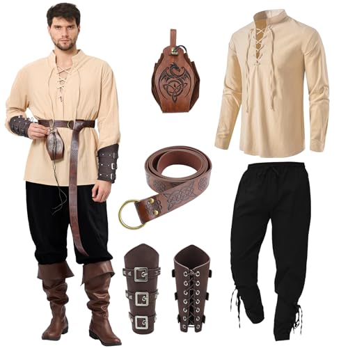 Ulikey Mittelalter Kleidung Herren, Karneval Herren Renaissance Kostüm Set mit Mittelalterliches Piratenhemd, Mittelalter Hose Viking Kostüm, Gürtel, Handgelenkschützer für Faschingskostüme(Beige, XL)
