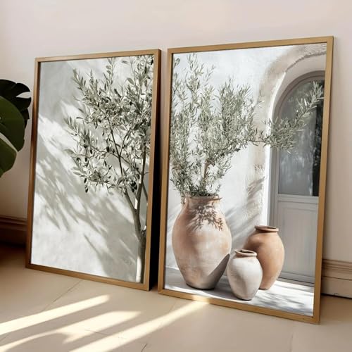 Neutraler Olivenbaum-Schattenvase-Leinwanddruck, Poster, Retro-botanische Landschaft, Kunstdruck, Heimdekoration, Kunst, Leinwandgemälde, 50 x 70 cm, 2-teilig, rahmenlos