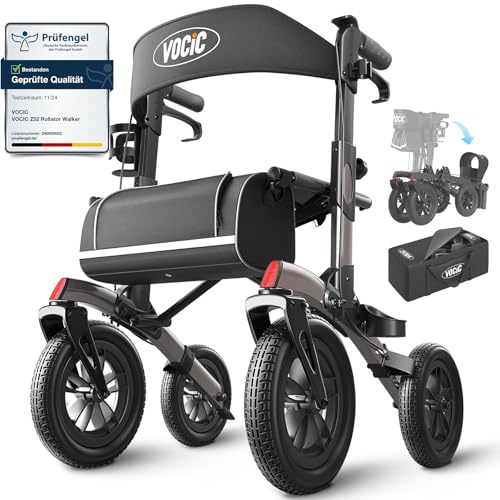 VOCIC Rollator Faltbar und Leicht mit Sitz,Outdoor Rollator mit Gummi-Nonluftbereifung für Allen Gelände,Aluminium Höhenverstellbare Rollatoren für Draußen&Langlauf&Reisen,Grau(5 Jahre Support)