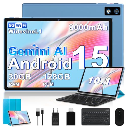 2026 Neuestes Android 15 Tablet 10 Zoll mit Gemini AI, 30 GB RAM + 128 GB ROM, 8-Core 2,0 GHz, 8000 mAh, GMS, Widevine L1, GPS, OTG, 5G WiFi 6 & BT 5.0, Tablet-Sonderangebot mit Tastatur und Maus–Blau