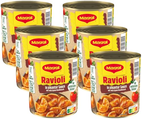 MAGGI Ravioli in pikanter Sauce, Teigtaschen mit Fleisch-Füllung, leckeres Fertiggericht für Topf & Mikrowelle, 6er Pack (6 x 800g)
