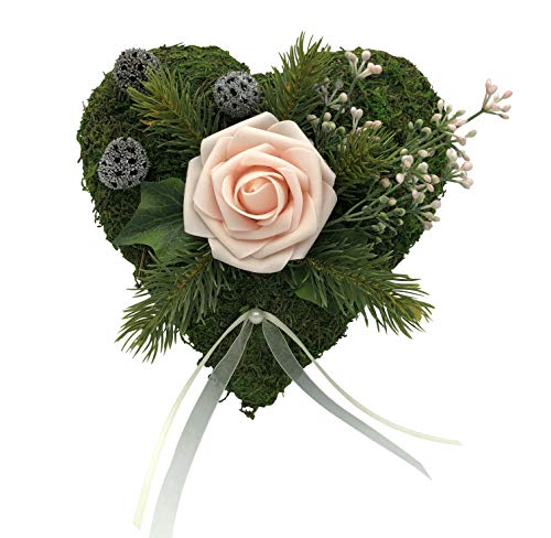 Radami Grabgesteck Grabschmuck Grabaufleger Moosherz Grabherz Trauerherz Grab Herz Gesteck und Rose (Rose Rosa)