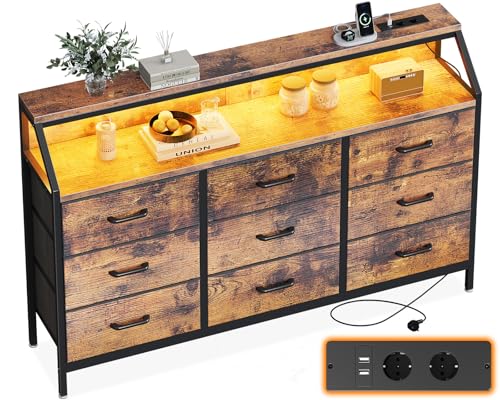 ODK Kommode mit Schubladen, Schubladenschrank mit 2 Steckdosen 2 USB-Anschlüssen und Farbwechselnder LED-Lichtleiste, mit 9 Stoffschubladen, Geeignet für Schlafzimmer, Wohnzimmer, Vintage Farbe