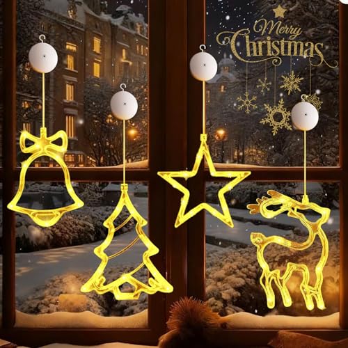4 Stück Lichterkette Weihnachten Fenster, Weihnachtsdeko innen LED Sterne Weihnachtsbeleuchtung fenster mit Saugnäpfe, Led Weihnachtsdeko Fenster für Weihnachten Deko,Fenster,Zimmer,Balkon,Party