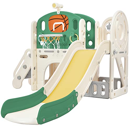 5 in 1 Kinderrutsche Indoor und Outdoor für ab 1-6 Jahr, Kinder Spielplatz mit Langer Rutsche, Aufbewahrungsbox, Tunnel, Treppenleiter, Basketballkorb und Durchgangsbereich, Gartenrutsche, Grün