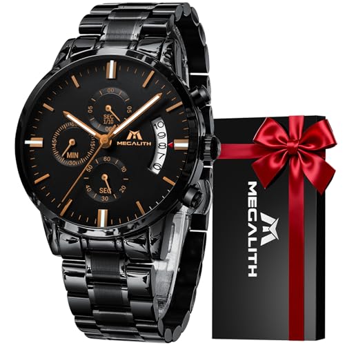 MEGALITH Herrenuhr Schwarz Edelstahl Militär Chronographen Herren Armbanduhr Wasserdicht Analog Uhren fur Männer Großes Ziffernblatt Leuchtende Datum
