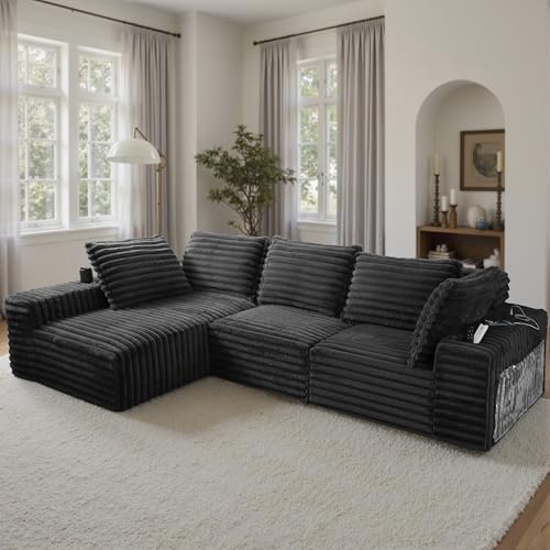 yeshine Schlafsofa 290 cm breit Sofa mit Schlaffunktion Bodensofa für Wohnzimmer L-förmiges Ecksofa Modulares Cloud-Sofa mit Kissen Boneless Couch mit USB-Ladeanschluss für Schlafzimmer (Schwarz)