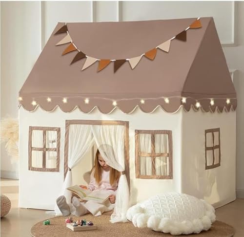 Kinderzelt mit gepolsterter Matte, LED-Lichtern und Dekoration, Kinderzelt, Spielhaus für Kinder, Innenbettzelt für Kleinkinder, Spielzimmermöbel in neutralen Farben（Batterie Nicht enthalten）
