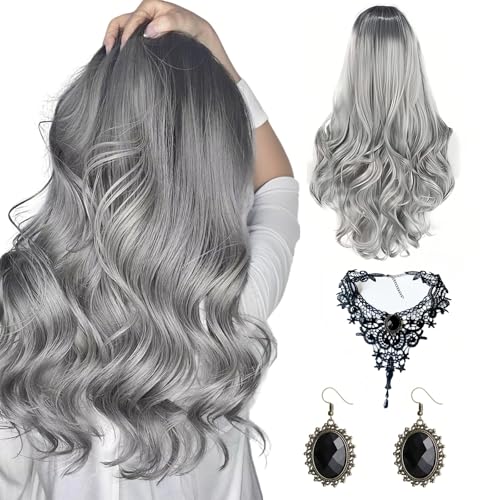 Halloween Perücke Damen, 65cm Ombre Grau Lang Wellig Perücken mit Gothic Halskette und Ohrringe für Halloween Kostüm Damen Vampir Hexen Cosplay Wig Party (Schwarz)