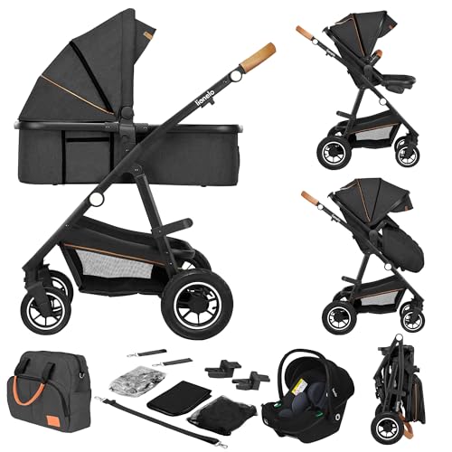 LIONELO Amber Kinderwagen 3 in 1 Kombikinderwagen Set sportlicher Sitz fester Babywanne Autositz Tasche Moskitonetz Regenschutz XXL-Dach mit Sonnenschutz (GRAU GRAFIT)