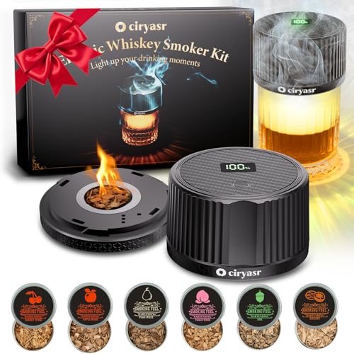 Whiskey Smoker Kit, CIRYASR Cocktail Räucherset Elektrisch ohne Butan mit 6 Flavors Holzspänen, RGB Licht, Bourbon Whiskey Geschenk für Männer Vater Ehemann (Cocktail Smoker Kit)