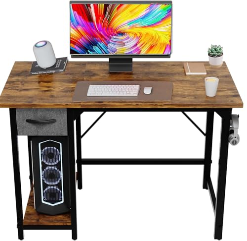 Devoko 100x50 cm Schreibtisch mit Schubladen, Klein Computertisch mit Kopfhörerhalter, Mini Bürotisch Study Table, schreibtische Klein für Home Office, Vintage Braun
