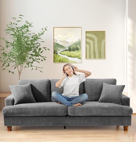 Kidirect Cord Sofa 3 Sitzer, 221CM Bequemes Couch 53CM Extra Tiefe Sitze, Sofa Wohnzimmer Werkzeugfreie Montage, Big Sofa Couch mit 2 Kissen, Modernes Couch fürs Büro, Schlafzimmer Sofas Grau