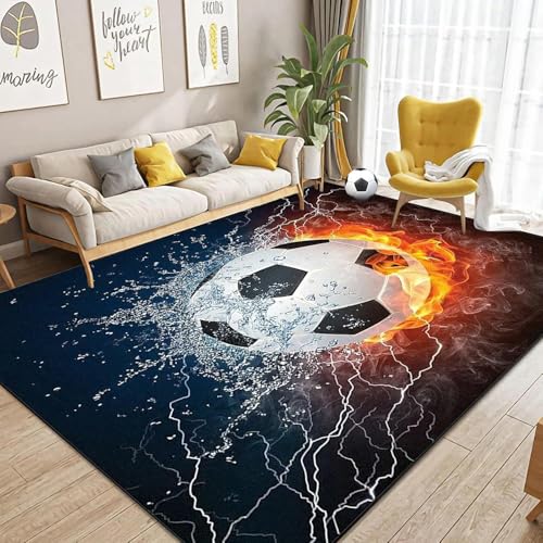 JynxtoyZeal Kinder Fußball Weich Teppich, Eisfeuer Flammen Bedruckt Großflächige Teppich Sport Fußballplatz Bodenmatte Für Schlafzimmer,Weich rutschfest Waschbare Teppiche 80x120cm