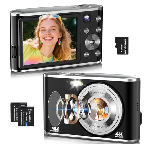 Digitalkamera, AutoFocus 4K Kompaktkamera Fotokamera mit Dual-Kamera mit 32GB Speicherkarte HD 48MP 16X Digitalzoom 2,8