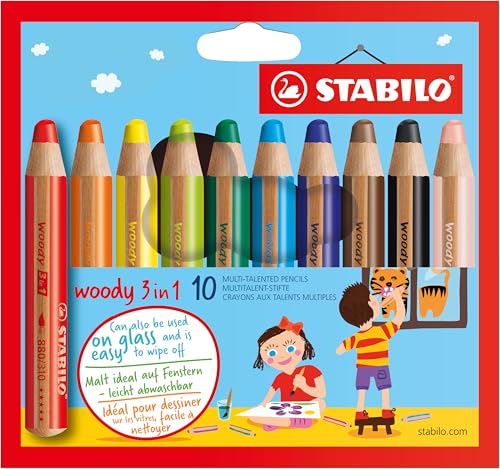 STABILO - Buntstift, Wasserfarbe & Wachsmalkreide - woody 3 in 1-10er Pack - 10