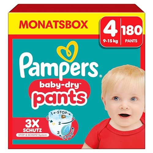 Pampers Baby-Dry Pants Größe 4, 180 Windeln, 9kg-15kg, 360 Grad Celsius Passform hilft, Auslaufen zu verhindern