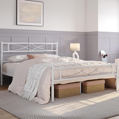 Yaheetech Metallbett 140 x 200 cm Bettrahmen mit Hohem Kopfteil Gästebett mit Lattenrost für Schlafzimmer Gästezimmer Viel Stauraum unter dem Bett Weiß