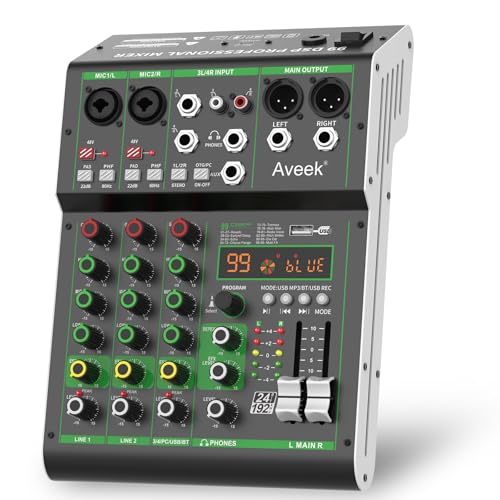 Aveek Audio Mixer,Professionelles Soundboard-Mischpult mit USB-Stick/Bluetooth/Computer/4-Kanal-Stereo-Eingang DJ Mixer,48V Phantom Digital 99 DSP-Effekt für PC-Aufnahme Karaoke Studio Streaming