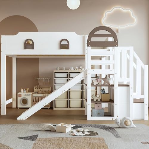 Kinderbett Etagenbett 90x200,Hausbett Hochbett mit Rutsche&Regal&Stauraum Treppe,Bettgestell mit Rausfallschutz&Lattenrost, Funktionsbett Stockbett Spielbett Jugendbett,Kiefernholz,Ohne Matratze,Weiß