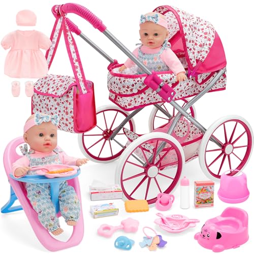 deAO Puppenwagen Set mit Babypuppe 30cm, Kinderwagen Höhe 51cm Puppen Buggy mit Hochstuhl, Tasche, Töpfchen, Spielgeschirr, Kleidung & Zubehör Rollenspiel Geschenk ab 3 Jahre für Mädchen